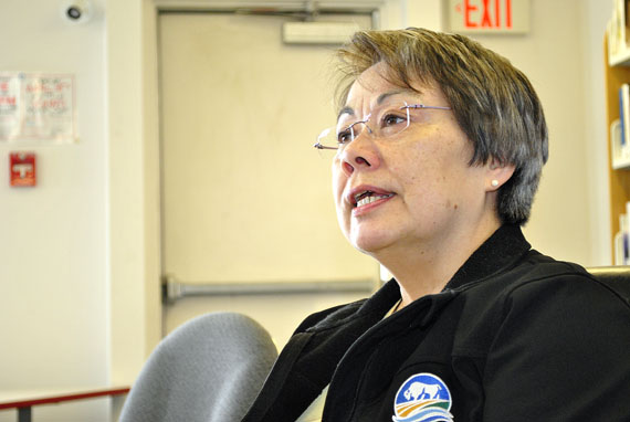 Premier Eva Aariak at a press conference in Iqaluit announcing that her government will step in to fund free public internet sites funded under the CAP program that the federal government eliminated this past March. (PHOTO BY JIM BELL)