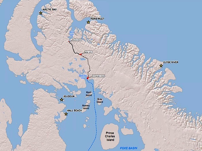 Here you can see a map (shown May 1 at the technical meeting in Iqaluit) of the transportation corridor that Baffinland Iron Mines Ltd. wants to build to ship iron ore from its proposed iron mine at Mary River on northern Baffin Island to a port at Steensby Inlet.