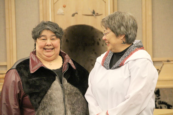 Iqaluit West MLA Monica Ell, named Nunavut's next minister of Human Resources May 4, shares a moment with Premier Eva Aariak at Ell's swearing-in ceremony at the Nunavut legislature in Iqaluit. Aariak announced that in addition to serving as minister in charge of the Department of Human Resources, Ell also becomes minister responsible for the Status of Women and minister responsible for the homelessness file. (PHOTO BY SAMANTHA DAWSON)