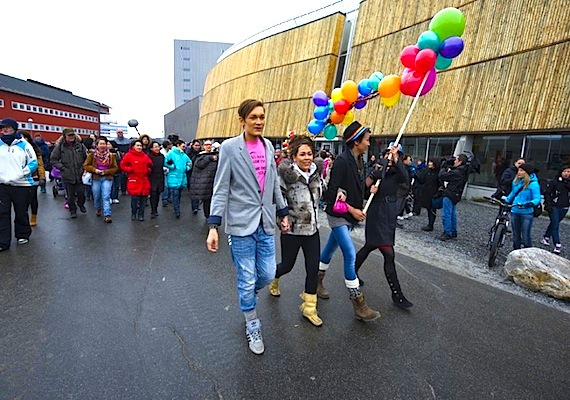 Nuuk celebrates Gay Pride May 26 with a parade around the city. Nuuk Gay Pride 2012, organized by Nuka Bisgaard (left front, in pink t-shirt), also featured events in the Katuaq cultural centre, including a speech from Nuuk's mayor Asii Chemnitz, a drag performance of Beyonce by
