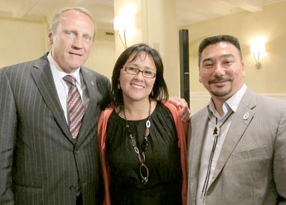 On the fourth anniversary of the June 11, 2008 apology delivered by Prime Minister Stephen Harper to Inuit, Métis and First Nations Canadians for decades of abuse at church-run, government-approved residential schools, Nunavut MP Leona Aglukkaq and recently-elected Inuit Tapiriit Kanatami president Terry Audla pose with John Duncan, the federal minister of Aboriginal Affairs and Northern Development, in Ottawa. Read about the winning design for a stained glass window commemorating the legacy of former residential school students and their families, which Duncan unveiled June 11, on Nunatsiaqonline.ca. (PHOTO COURTESY OF ITK)