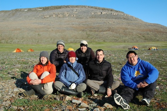 The research team on Victoria Island, Northwest Territories in July 2010. From left: Dr. Lynn Gillespie, Roger Bull, Jennifer Doubt, Dr. Jeff Saarela, Paul Sokoloff and guide Gary Okheena from Ulukhaktok. (PHOTO COURTESY OF THE CANADIAN MUSUEM OF NATURE)