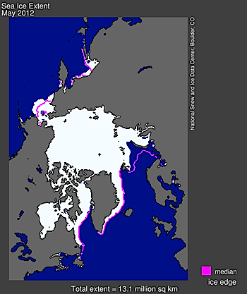 Arctic sea ice extent for May 2012 was 13.13 million square kilometres. The magenta line shows the 1979 to 2000 median extent for that month. The black cross indicates the geographic North Pole. (IMAGE FROM THE NSIDC)