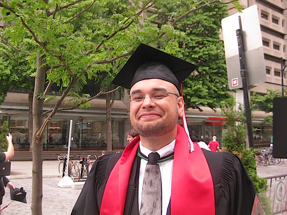 Two new law degrees from McGill University explain why Joey Flowers, 33, is smiling. Flowers, Nunavik's first Inuk law school graduate, graduated June 8 from McGill's law program with a degree in common law and another in civil law. Read more about Flowers' plans for the future on Nunatsiaqonline.ca. (PHOTO COURTESY OF J. FLOWERS)