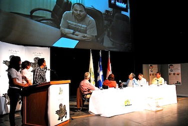 Michael Cameron, the president of the Kativik Municipal Housing Bureau, speaks June 8 via video-conferencing to the Pivallianiq Housing Pride Day celebration at the Kaitittavik town hall in Kuujjuaq. (PHOTO BY ISABELLE DUBOIS)