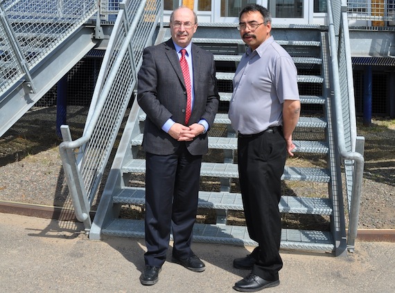 The chief negotiators for devolution, David Akeeagok, Nunavut, and Dale Drown, the federal government, stand outside the Legislative Assembly building in Iqaluit June 20 on Drown’s first visit to Nunavut following his appointment May 18 as chief federal negotiator for Nunavut devolution. (PHOTO COURTESY OF THE GOVERNMENT OF NUNAVUT)