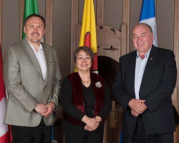 The territorial premiers met in Iqaluit for the 10th Annual Northern Premiers' Forum from June 25 to 27. Left to right: Darrell Pasloski (Yukon), Eva Aariak (Nunavut), and Bob McLeod (Northwest Territories). (PHOTO COURTESY OF THE GOVERNMENT OF NUNAVUT)