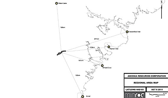 This map shows where Anconia Resources Corp. wants to conduct mineral exploration activities that the Arviat HTO and the Beverly and Qamanirjuaq Caribou Management Board say will negatively impact caribou. (FILE IMAGE)
