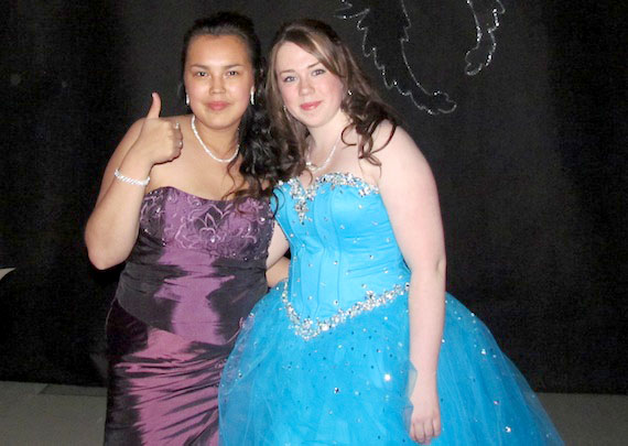 Anne-Marie Kauki and Candace Combden, two of the 16 graduating in 2012 from Jaanimmarik School in Kuujjuaq, celebrate the occasion at their school prom held June 14. Kauki has her eyes set on becoming a laboratory technician while radiology or nursing attract Combden. Read more about the grads next week on Nunatsiaqonline.ca. (PHOTO BY WILL JOHNSON)