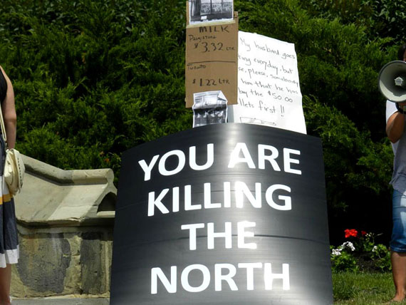 Here’s a sign made by one of the June 9 food price protesters on Parliament Hill. “You are killing the North,” the sign says. (PHOTO BY SANDRA UVILUQ)