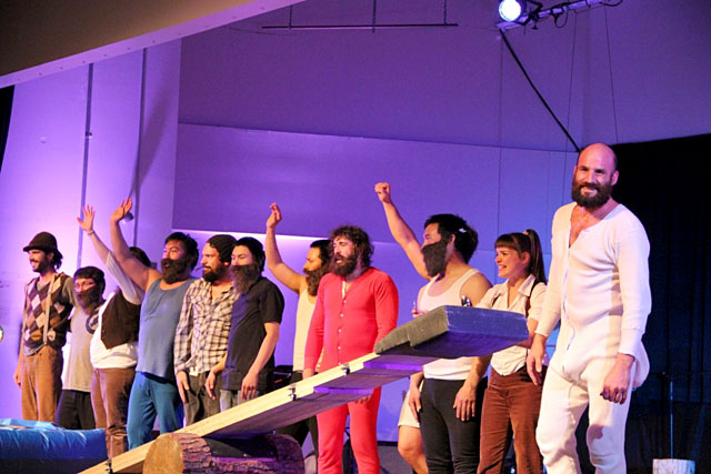 The cast of Timber acknowledge a standing ovation from an Iqaluit audience that filled Nakasuk School June 30. The Alianait festival continues through July 1 with a Canada Day square dance scheduled for June 30. (PHOTO BY SAMANTHA DAWSON)