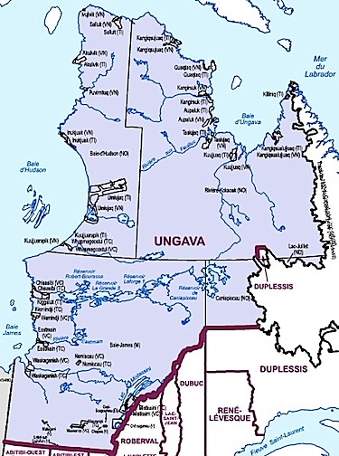 Nunavik, because its population is too small, doesn't have its own national assembly riding in Quebec. Nunavik remains part of the sprawling Ungava riding. (IMAGE COURTESY OF DIR. GEN. OF QUEBEC ELECTIONS)