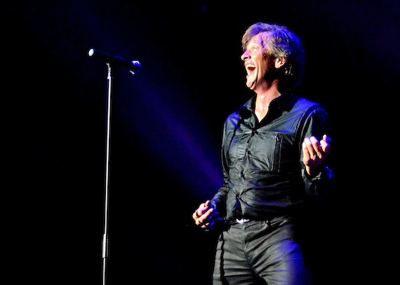Quebec comedian and impressionist André-Philippe Gagnon, who's performed in Las Vegas and in other international venues, captivates the crowd at the Katittavik auditorium in Kuujjuaq on Aug. 17, the final night of the town's Aqpik Jam music festival. (PHOTO BY ISABELLE DUBOIS)