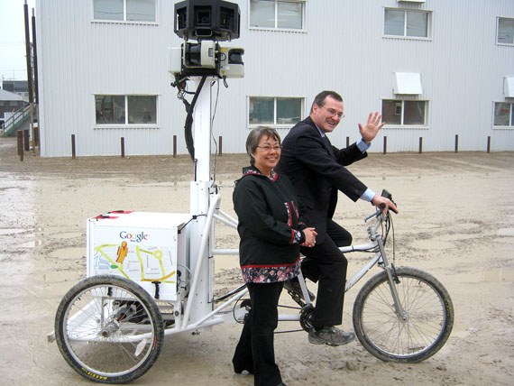 Cambridge Bay MLA and Nunavut finance minister Keith Peterson takes a ride on the Google street-view trike with Premier Eva Aariak Aug. 23 in Cambridge Bay. Aariak and Peterson met privately with Prime Minister Stephen Harper that day to discuss Nunavut's priorities, including infrastructure and the building of Nunavut. You can read more about the Google mapping on Nunatsiaqonline.ca. (PHOTO COURTESY OF GOVERNMENT OF NUNAVUT)