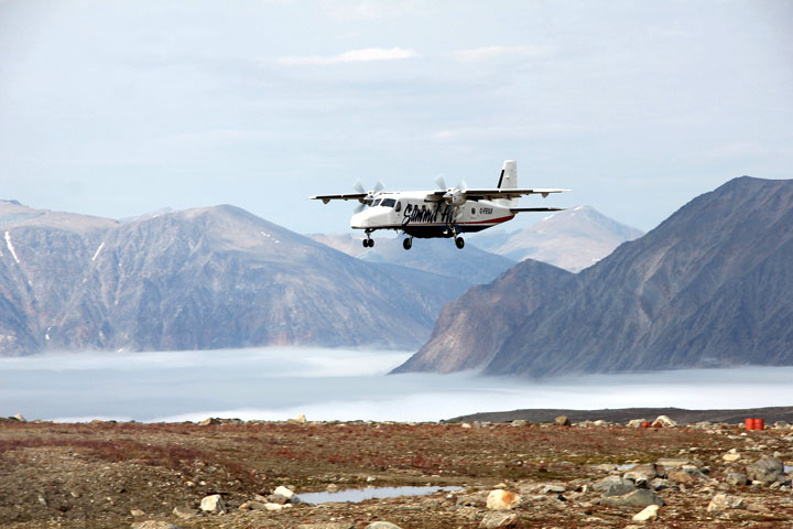 A plane prepares to land at Cape Dyer, where most employees work three weeks in and three weeks out. (PHOTO BY SAMANTHA DAWSON)
