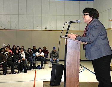 Annie Popert, the director general of the Kativik School Board, speaks Sept. 18 to a gathering of teachers from Nunavik's Ungava Bay communities. During her Sept. 18 remarks to teachers, Popert did not specifically mention the unresolved dispute among the school board, Kuujjuaq parents seeking French-language education, and Quebec’s education department. But Popert did say the school board and its council of commissioners will “do what needs to be done, no matter how many people will be unhappy with it.” (PHOTO BY JANE GEORGE)