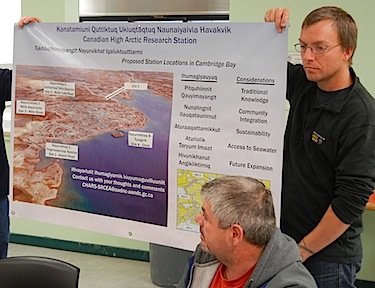 This map shown at a Sept. 26 public meeting in Cambridge Bay shows the possible locations for the Canadian High Arctic Research Station. (PHOTO BY JANE GEORGE)