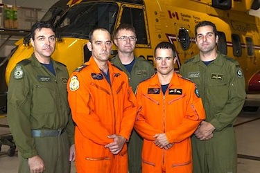 2012 Cormorant trophy winners  from left to right: Capt. Dean Vey, the co-pilot, Sgt. Daniel Villeneuve, SAR Tech team lead, Sgt. Brad Hiscock, flight engineer, Master Cpl. Shawn Bretschneider, SAR Tech team member, and Capt. Aaron Noble, aircraft commander. (PHOTO COURTESY OF CANADIAN FORCES)
