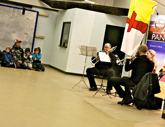 A trio of musicians from the National Arts Centre orchestra perform Oct. 23 at the community centre in Pangnirtung. The full Ottawa-based National Arts Centre orchestra plays Oct. 27 at Nakasuk School in Iqaluit. The concert in Iqaluit, performed by a 20-person orchestra, will feature throat-singing, traditional songs, a performance of Vivaldi’s Four Seasons and pieces by two renowned Nordic composers, Edvard Grieg of Norway and Jean Sibelius of Finland. (PHOTO BY SARAH MCMAHON)