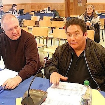 If Nunavut Trust's investments don't do well in the future, it's possible that the annual amount of money distributed to Nunavut Inuit organizations could go down, says Archie Angnakak, the Qikiqtani trustee for Nunavut Trust, with Andy Campbell, Nunavut Trust's chief executive officer at his left, Oct. 24 at the annual general meeting of Nunavut Tunngavik Inc. in Iqaluit. (PHOTO BY JANE GEORGE)