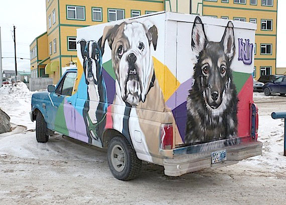 The truck belonging to Iqaluit's humane society has a new look: Iqaluit artist Jonathan Cruz decorated the van with images of dogs and cats, finishing the artwork on Oct. 28. Cruz donated his time to the project of the humane society, which is dedicated to