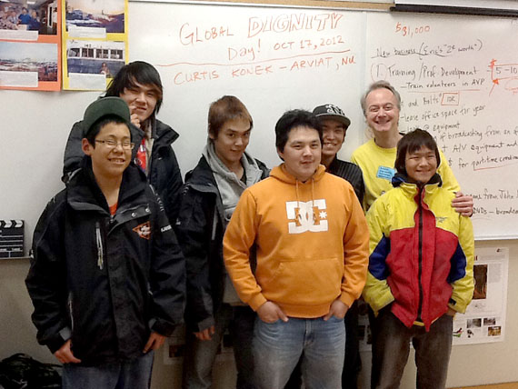 Nanisiniq Arviat History Project member and Global Dignity Canada national role model Curtis Konek (in orange) with members of the Arviat Film Society celebrates Global Dignity Day Oct. 17 at John Arnalukjuaq High School. Last week Konek also spoke in Inuktitut to more than 1,200 students who came together virtually from classrooms across the country for a national video-conference. On Oct. 26, the Nanisiniq team will present “Piliriqatigiinniq Working Together: Making the Past Present: Inuit Youth