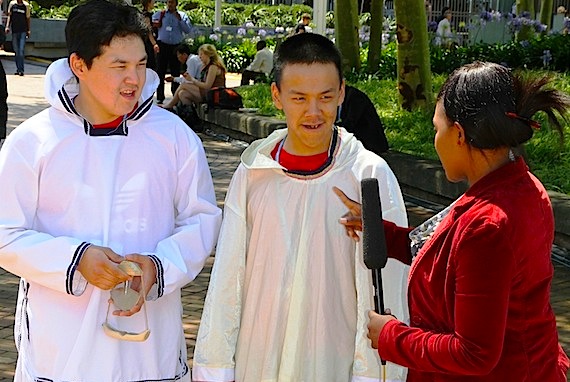 Curtis Konek (Kuunaq)  at right and Jordan Konek, dressed in light-weight atigiit, speak to a reporter from the South African Broadcasting Corp.'s morning show at the United Nations climate change summit last year in Durban, South Africa. (FILE PHOTO)