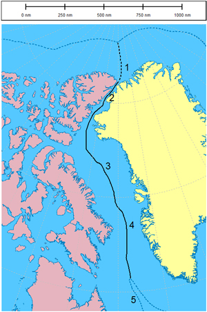 This map shows the solid black line, which is the boundary agreed between Canada and Denmark in the 1973 treaty. The broken black line is the new boundary agreed on. The broken blue lines indicate 200-nautical-mile zones in the Arctic Ocean. (HANDOUT IMAGE)