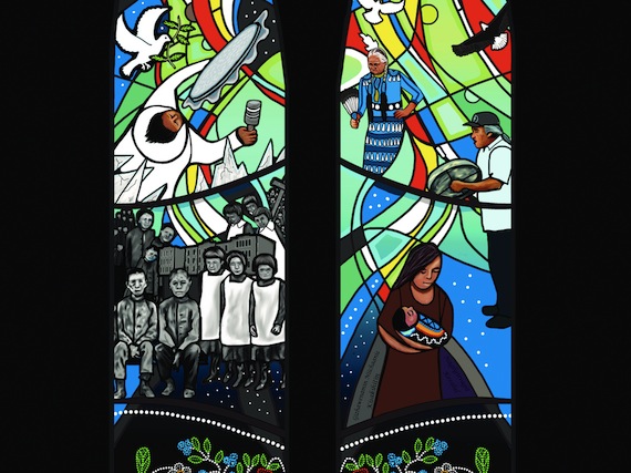 Here's a detail from the stained glass window commemorating the legacy of Indian Residential Schools which John Duncan, minister of Aboriginal Affairs and Northern Development, presented to Andrew Scheer, Speaker of the House of Commons, on Nov. 26.  This stained glass window, designed by Métis artist Christi Belcourt, is permanently installed in Centre Block on Parliament Hill. “In 2008, on behalf all Canadians, Prime Minister Stephen Harper offered a formal Apology to former students of Indian Residential Schools, their families and communities that acknowledged the impacts of those schools,” Duncan said. “Today we continue on the path of reconciliation as we dedicate this new stained glass window. The window is a visible reminder of the legacy of Indian Residential Schools; it is also a window to a future founded on reconciliation and respect.” Hundreds of Inuit children also attended residential schools during the 1950s and 1960s. (PHOTO COURTESY OF AANDC)
