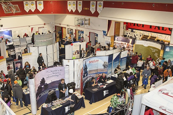 Despite more blizzard-like conditions in Rankin Inlet on Nov. 21, people of all ages came to visit the Kivalliq Trade Show floor at the Maani Ulujuk School. (PHOTO BY DOUG MCLARTY)