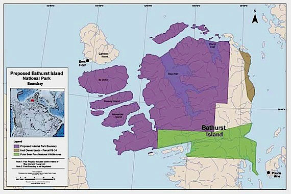 This map from Parks Canada shows the boundaries of new national park being proposed for Nunavut: the Qausuittuq National Park in the High Arctic. The purple shows the proposed park boundaries, the beige Inuit-owned lands and the green Polar Bear Pass National Wildlife Area. The proposed park borders, intended to protect habitat for the endangered Peary caribou, skirt the oil-rich Bent Horn oil field on Cameron Island where an oil well produced oil until 1996. After official withdrawing lands for the national park last month, Parks Canada will provide an update on the park in a public information session planned for Nov. 27 at Iqaluit's Hotel Arctic from 7 p.m. to 9 p.m.