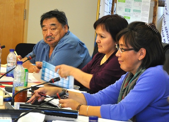Aisara Kenuajuak of Puvirnituq, Mary Pirlutuut of Kangiqsujuaq and Maggie Emudluk of Kangiqsualujjuaq, seen here in 2011 at a Kativik Regional Government council meeting, will sit again on the executive of Nunavik's regional government for another three years. (FILE PHOTO