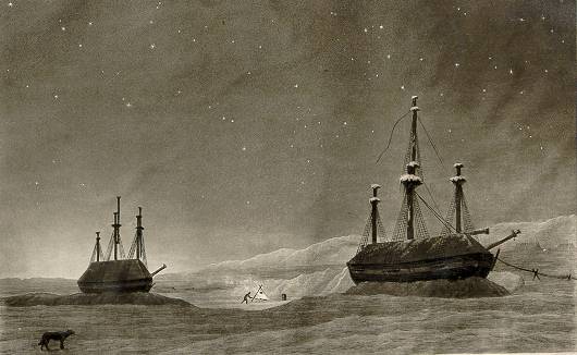 The Parry Expedition in its winter harbour 1820. William Edward Parry then headed off using sleds pulled by men or dogs to explore the surrounding land. (IMAGE COURTESY OF THE UNIVERSITY LIBRARY OF TROMSØ)