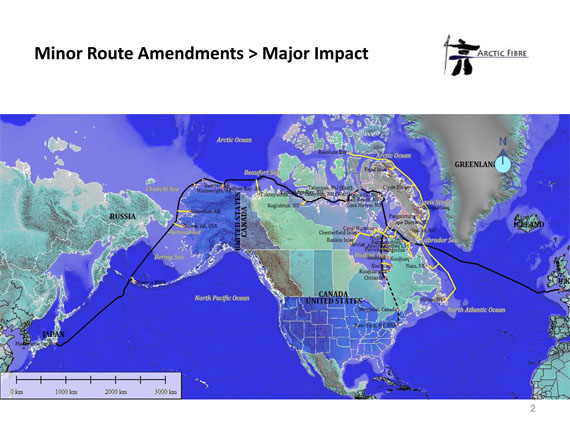 This map shows the amended version of Arctic Fibre’s proposed cable route, with a backbone line running along the eastern coast of Hudson Bay through Chisasibi to Montreal and New York. (IMAGE COURTESY OF ARCTIC FIBRE)