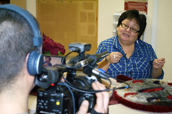 Hannah Oolayou is working on a sealskin wall-hanging that will form part of a virtual quilt, made up of art works from all four Inuit regions in Canada, that Pauktuutit is creating to mark the legacy of the residential school system. (PHOTO BY BRIELLE MORGAN)