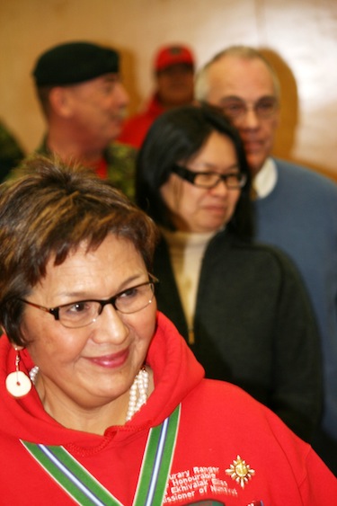Nunavut Commissioner Edna Elias, former Iqaluit mayor Madeleine Redfern and Iqaluit's current mayor John Graham greet the new Junior Rangers Dec. 5. (PHOTO BY DAVID MURPHY)