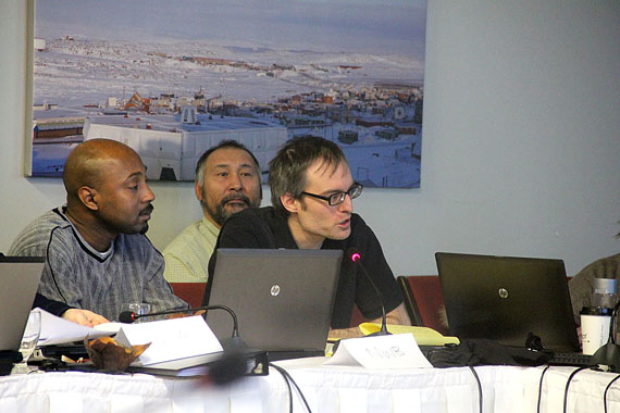 Damien Côté, executive director of the Nunavut Water Board, speaks to delegates at the Nunavut Impact Review Board’s project certificate workshop for the Baffinland Iron Mines Corp. Mary River iron ore project, held in Iqaluit Dec. 19. The NWB plans to hold meetings to start the process of issuing a water license for the project this coming January in Pond Inlet.  (PHOTO BY SAMANTHA DAWSON) 
