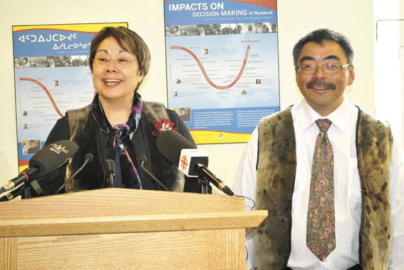 Premier Eva Aariak with David Akeeagok, the Government of Nunavut’s chief negotiator for devolution, at a press conference held May 22 in Iqaluit to announce Akeeagok’s appointment to the job. In addition to his negotiating duties, Akeeagok will continue serving as deputy minister of the GN’s environment department. This past May 18, the federal government announced that Dale Drown will serve as Ottawa’s chief negotiator for an agreement devolving responsibility for public lands and resources from the federal government to Nunavut.