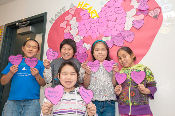 Grade Four students at Ulluriaq School in Kangiqsualujjuaq display some of the valentines they made recently, based on the theme of respect, for Feb. 14, St. Valentine's Day. (PHOTO BY PASCAL POULIN)