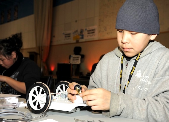 Shoona Inukpuk of Umiujaq builds a rover March 20 during an activity for participants in this week's Quebec Aboriginal Science Fair in Kuujjuaq. See more photos from the fair, which took place this week in Kuujjuaq, and read more about the event later on Nunatsiaqonline.ca. (PHOTO BY PASCAL POULIN)