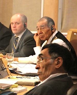 MLAs Allan Rumbolt, Louis Tapardjuk and Tagak Curley listen March 13 to committee-of-the-whole discussions in the Nunavut legislative chamber.