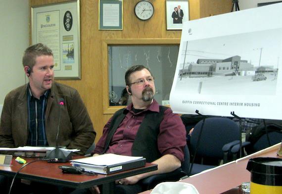 Chris Stewart, manager of capital and special projects for Nunavut's justice department, and Jean-Pierre Deroy, right, its correctional services director, provide details about the minimum-security interim jail that the Government of Nunavut wants to build in Iqaluit during a special city council committee meeting on March 19. (PHOTO BY PETER VARGA)
