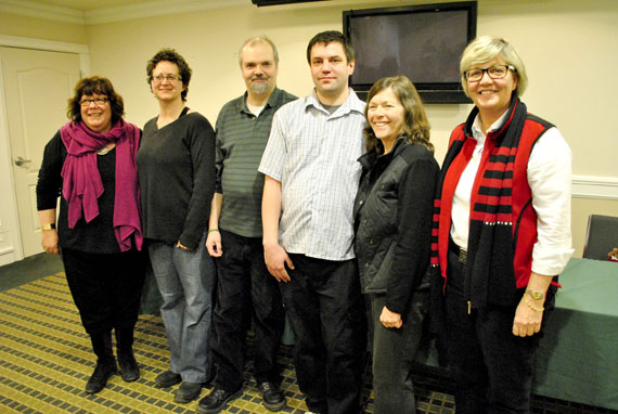The Nunavut NDP riding association’s newly-elected executive gathers for a photo March 9: Bethany Scott, vice-president (second from left); Doug Workman, president (third from left); and Aaron Watson, secretary treasurer (third from right.) With them are three visiting New Democrat MPs: Vancouver East MP Libby Davies, Nanaimo-Cowichan MP Jean Crowder, and Hamilton Mountain MP Chris Charlton. Read more about the Nunavut New Democratic Party riding association used their annual meeting this past March 9 on Nunatsiaqonline.ca. (PHOTO BY JIM BELL)