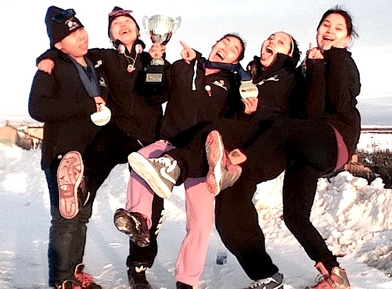 Victory is sweet for these Kuujjuaq girls whose Nunavik Youth Hockey Developmenty Hockey Midget team won a gold medal this past weekend in Ottawa. More about their win later on Nunatsiaqonline.ca. (PHOTO COURTESY OF SARAH AIRO)
