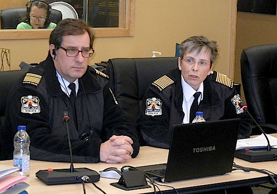Kativik Regional Police Force chief Aileen MacKinnon, at right, with her new deputy chief of administration, Pierre Bettez, speaks Feb. 26 to the Kativik Regional Government council meeting in Kuujjuaq.