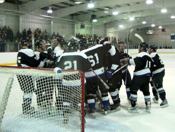 The Iqaluit Icemen celebrate a 6-3 win over Rankin Inlet in the Northern Hockey Challenge Eastern Arctic division final, April 14. The Nunavut rivals played out the full three games of the Eastern series at Iqaluit's Arctic Winter Games Arena, April 12 to April 14. Originally scheduled as a best of five, the series was cut short after the two first games at Rankin Inlet were cancelled due to weather.  Iqaluit will now face Yellowknife for the Northern Hockey Challenge Cup, to begin in Yellowknife at the end of the month. Read more about the win  on Nunatsiaqonline.ca (PHOTO BY PETER VARGA)
