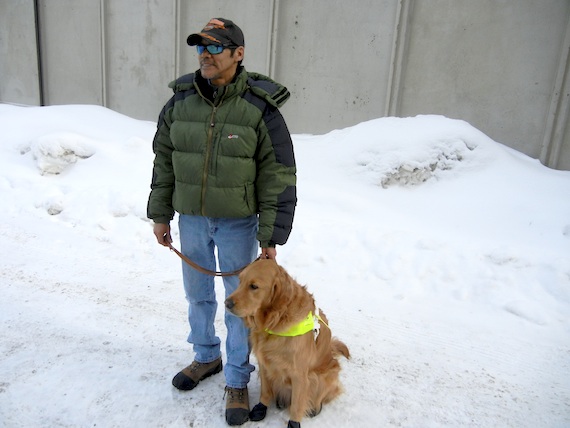 Iqaluit resident Noah Papatsie, who is blind, says his guide dog Xeno, a two-year old golden retriever has changed his life for the better. Xeno, Nunavut’s first official guide dog, just finished his first winter in the North, and had no problems except that his leash kept breaking due to the cold weather. Read more about Xeno and Papatsie on Nunatsiaqonline.ca  (PHOTO BY SAMANTHA DAWSON)