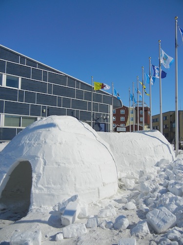 On April 11, cabinet ministers held a ceremonial meeting inside this igloo erected outside the Nunavut legislative building. The top of the igloo was later removed, the GN said, due to safety concerns. (PHOTO BY JANE GEORGE)