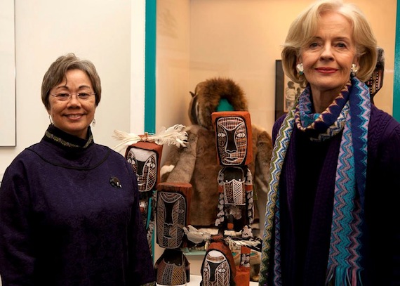 During a visit to the Nunatta Sunakkutaangit museum in Iqaluit, Quentin Bryce, Governor-General of Australia, stands with Nunavut Premier Eva Aariak against a backdrop of traditional aboriginal Australian sculptures, given to Nunavummiut by Bryce who was on her first visit to the territory. Bryce visited Iqaluit on April 6 to April 7, where she participated in an roundtable on aboriginal economic development, met with local VIPs, spent time with the Canadian Rangers and toured the Qikiqtani General Hospital. (PHOTO COURTESY OF THE GN)