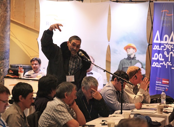Johnny Peters, Makivik Corp.'s vice-president for renewable resources, at the 2013 Kuujjuaq mining workshop, where he talked about his experiences with environmental damage caused by mining activities. The workshop took place at the same time as the larger Nunavut Mining Symposium in Iqaluit. Sessions at Kuujjuaq's Kaitittavik town hall covered employment, health and safety, the environment, and updates on the region's two mines and other promising exploration projects. The three-day event wraps up April 11. (PHOTO COURTESY OF MAKIVIK CORP.)